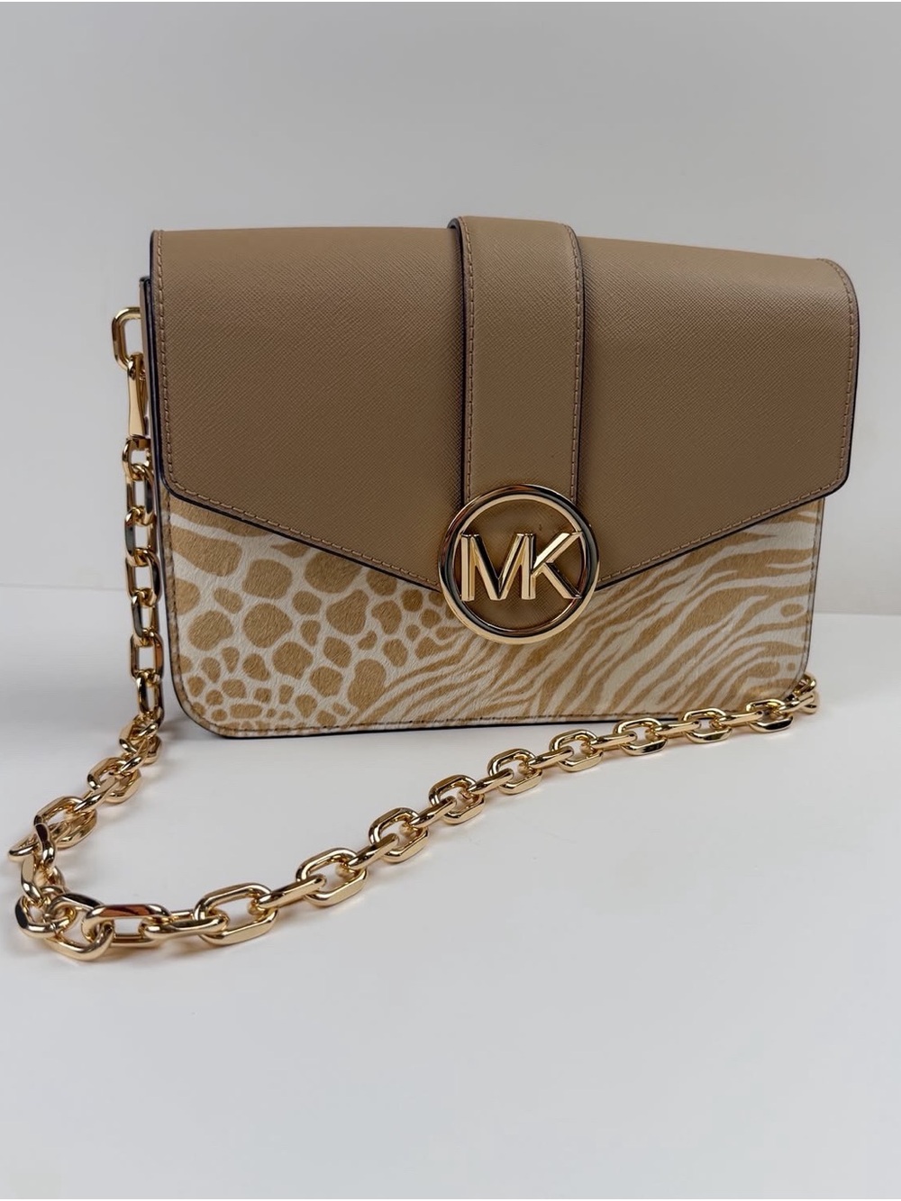 Michael Kors Tan Animal Print Leather Crossbody Shoulder Bag Gold Chain